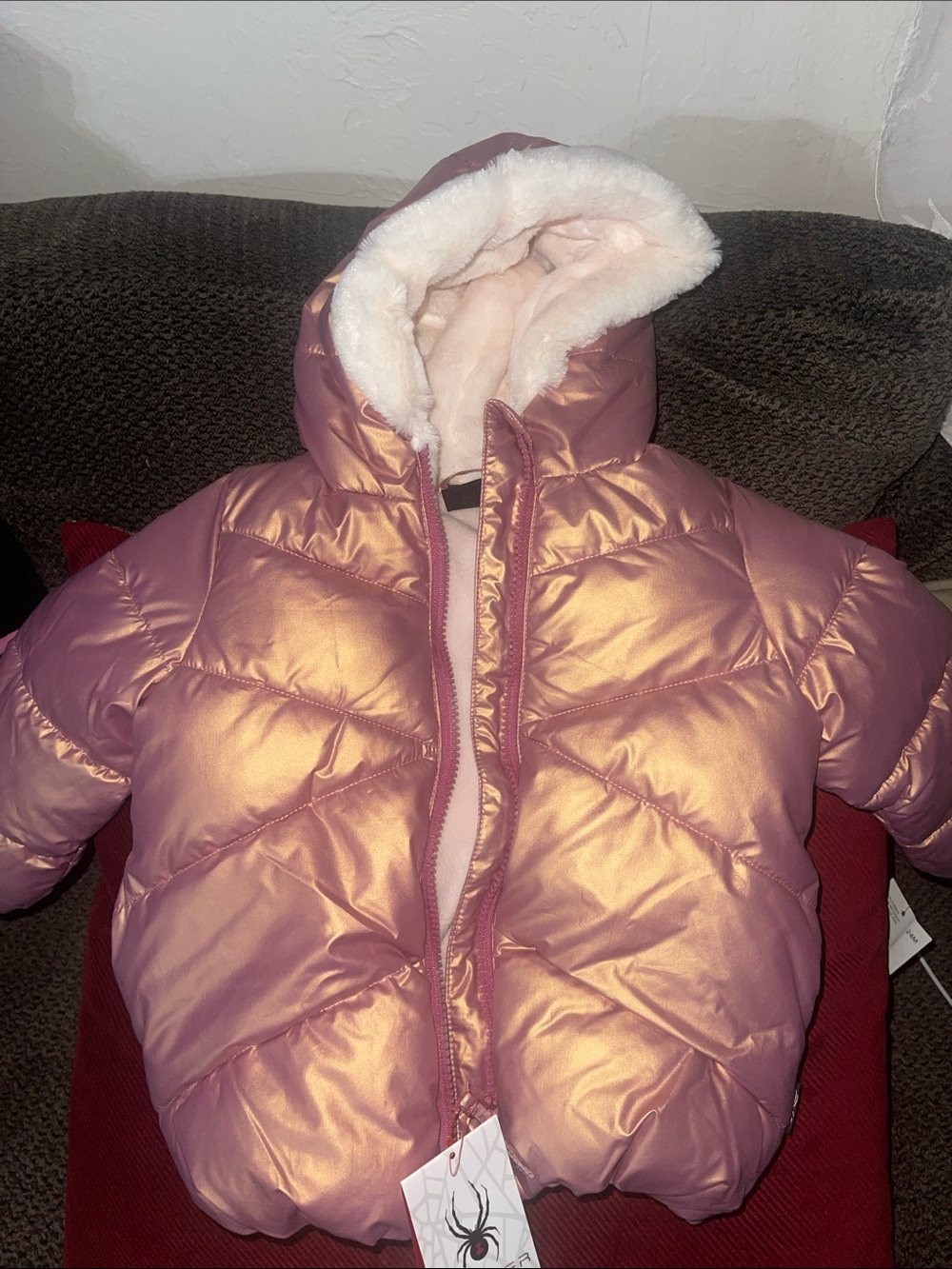 Girls' Shimmer Pink Metallic Hooded Puffer Jacket with Faux Fur Lining